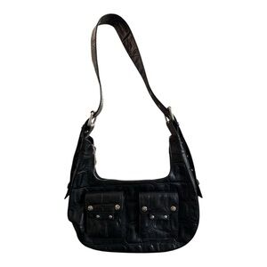 Nunoo Helena Black Croc Embossed Calf Leather Shoulder Bag Adjustable Strap